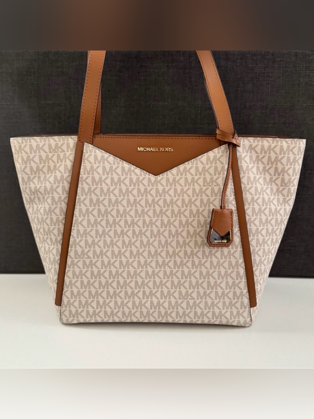 Michael Kors Beige Canvas MK Logo Tote with Brown Trim